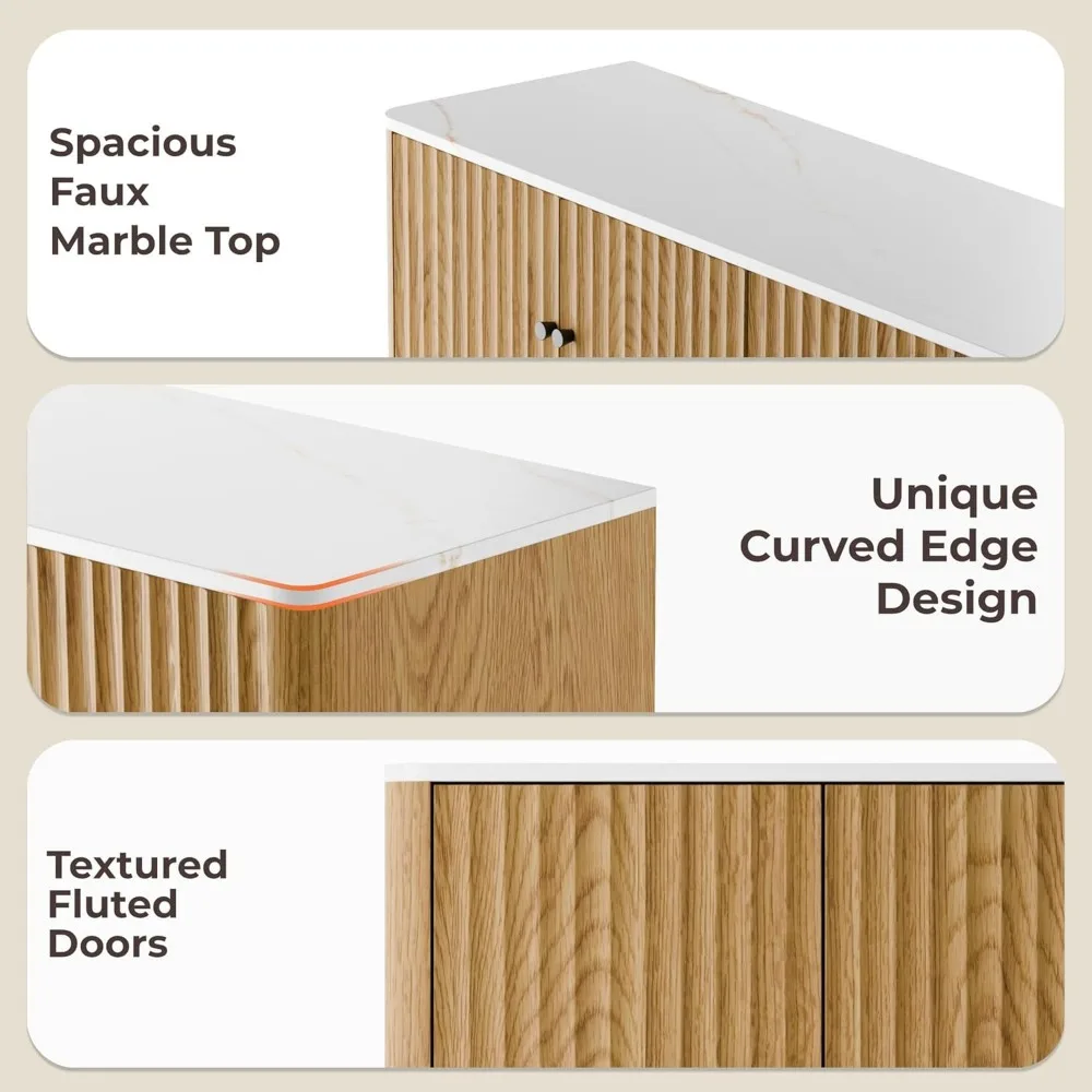 خزانة بوفيه حديثة مخددة مع مساحة تخزين، وخزانة جانبية ذات 4 أبواب، وأرفف قابلة للتعديل، ووحدة تحكم بار القهوة لليفي المعاصر