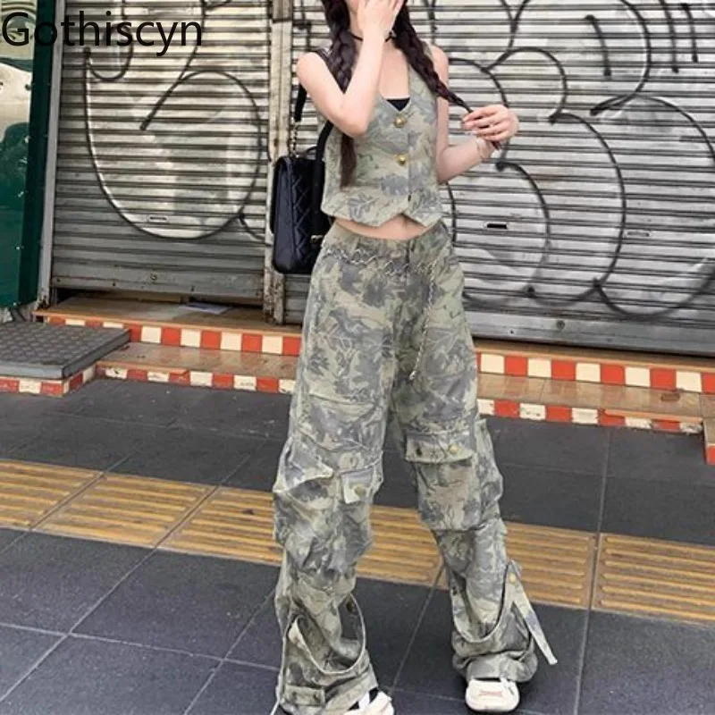 

Gothiscyn Casual Style Suit Women's Spring V-neck Denim Vest High Waist Cargo Pants Two-piece Set Fashion Female Clothes