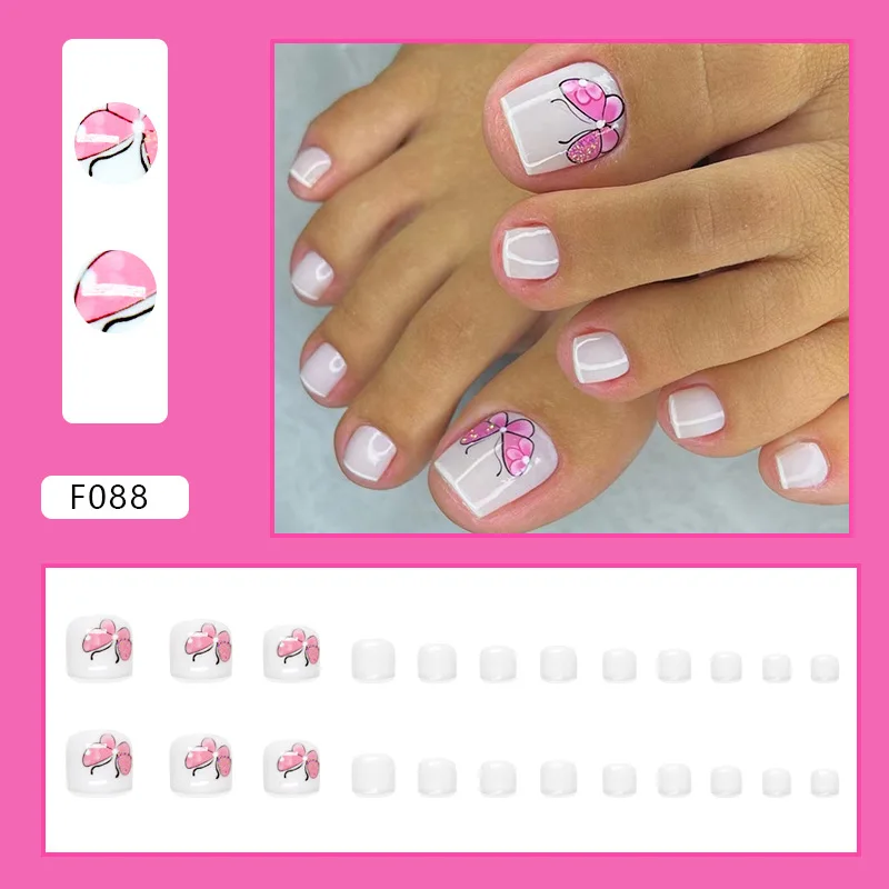 

24pcs French Tip Toe Nails with White & Pink Butterfly Design, Pointed Shape Simple Style Pedicure Set, Assorted Sizes