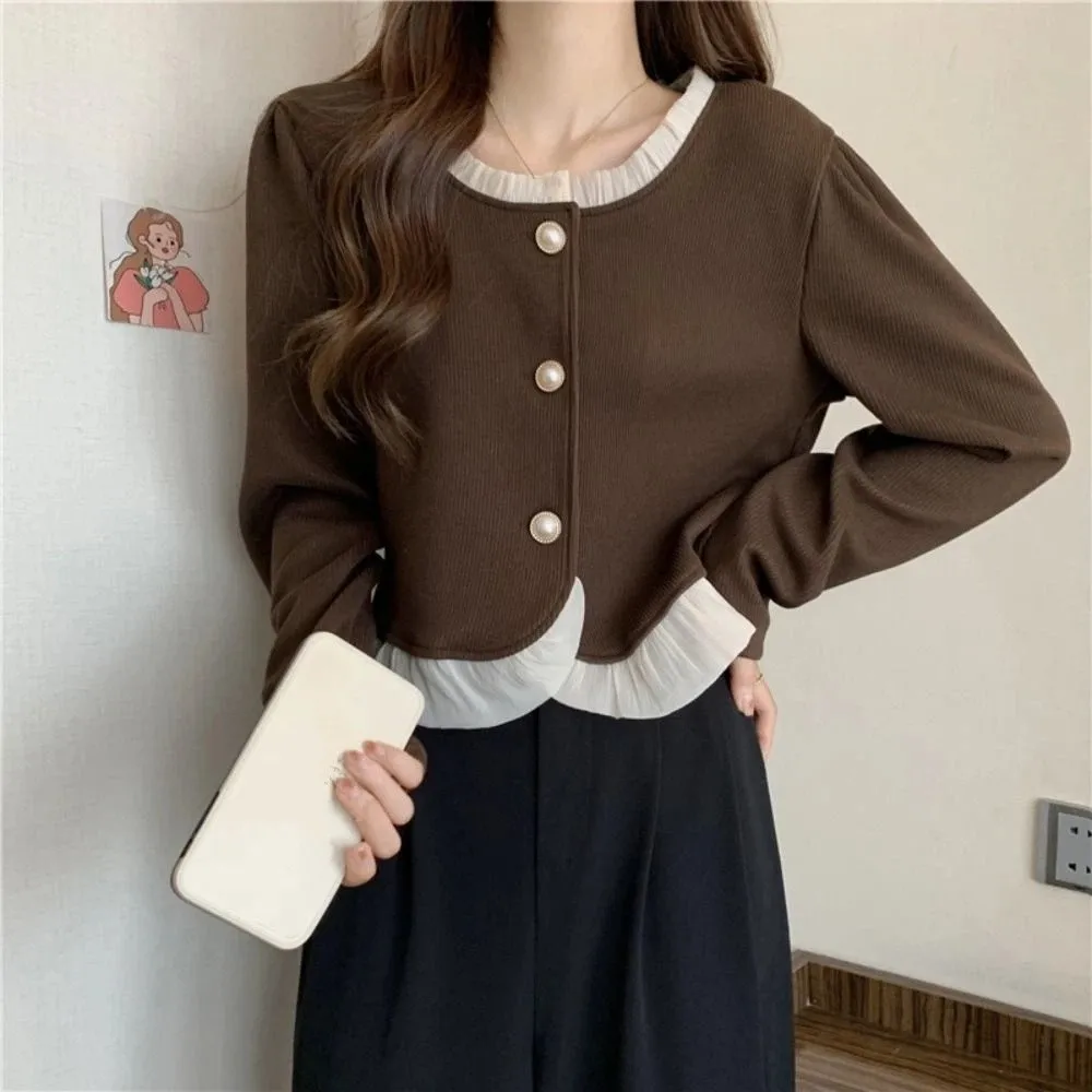 

Spring Solid Lace Sweaters Long Sleeve Loose Cardigans Women Y2K Ladies Tops Preppy Style Slim Crop Coats Streetwear