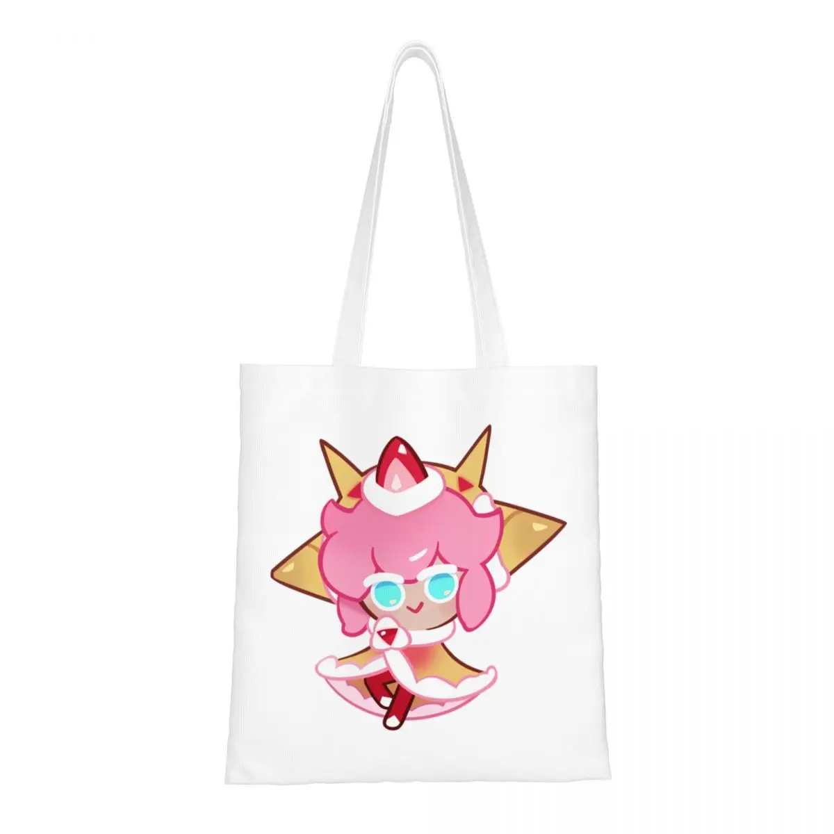 Cookie Run Kingdom Bolso de mano de lona, crepé de fresa, galletas, bolsos de hombro, bolsas de compras reutilizables para mujer