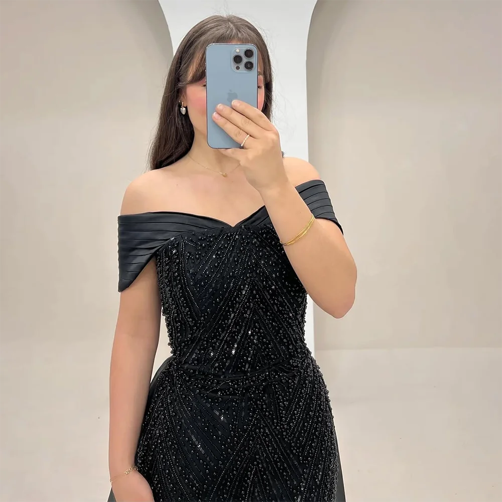 فساتين سهرة طويلة فاخرة بالترتر الأسود للنساء 2025 فساتين زفاف عربية للحفلات الراقصة بدون أكتاف بطول الأرض فساتين الحفلات الرسمية