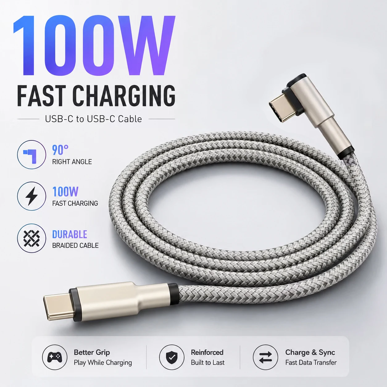 100W USB C to C Cable 90 Degree Right Angle Type C Fast Charging Cord Nylon Braided Data Sync Wire for Samsung Pixel Xiaomi
