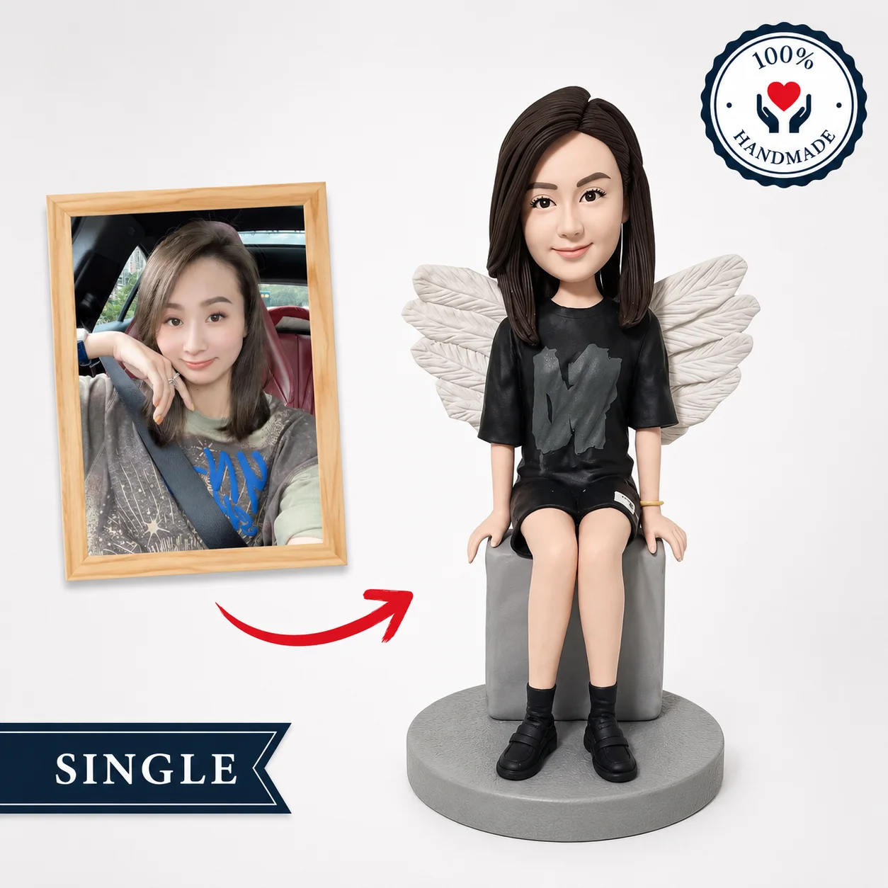 Custom Bobblehead from Photo Personalized Handmade Polymer Clay Figurine with Angel Wings Gift for Her
