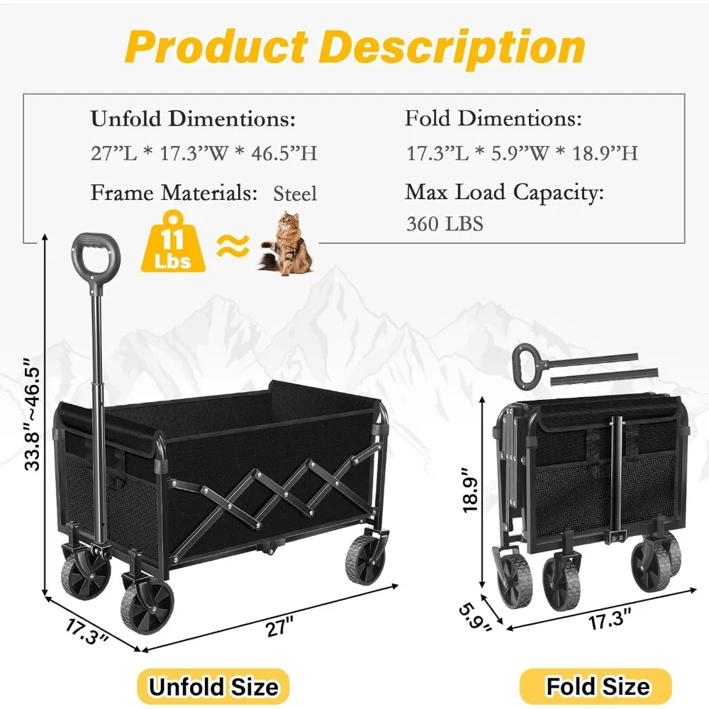 Carro plegable todo terreno con capacidad de 360 LBS, 2 portavasos, portátil para playa, camping, jardín
