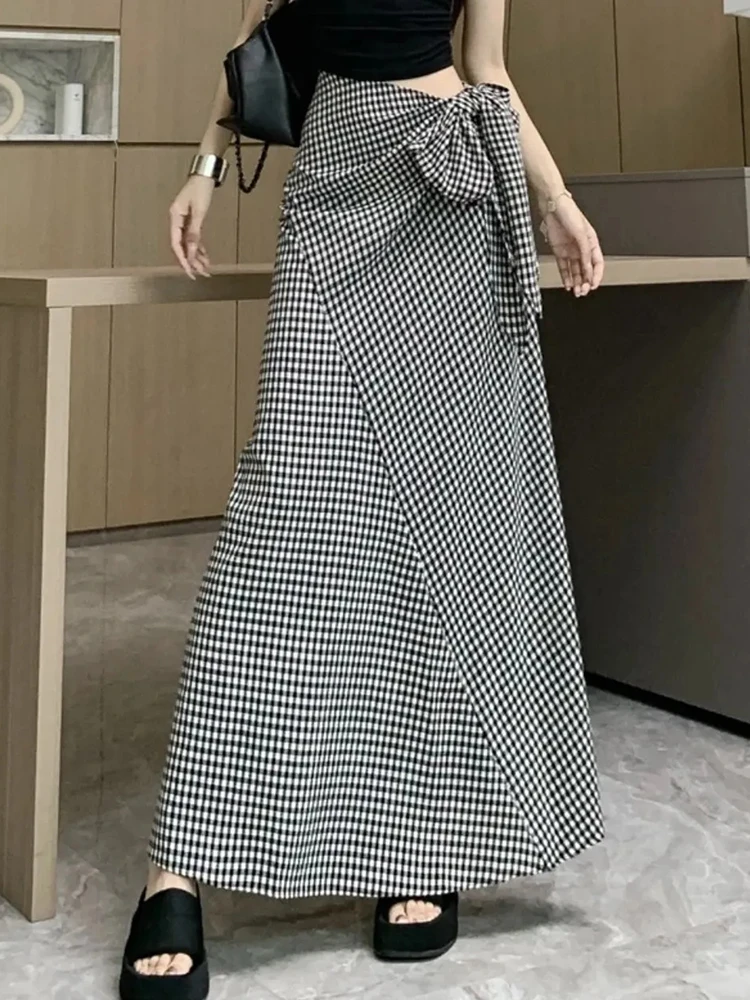 Jmprs Elegant Plaid Long Skirt Women Vintage Sweet Lace Up French Skirts Casual Retro Summer Female Design A Line Long Skirt New