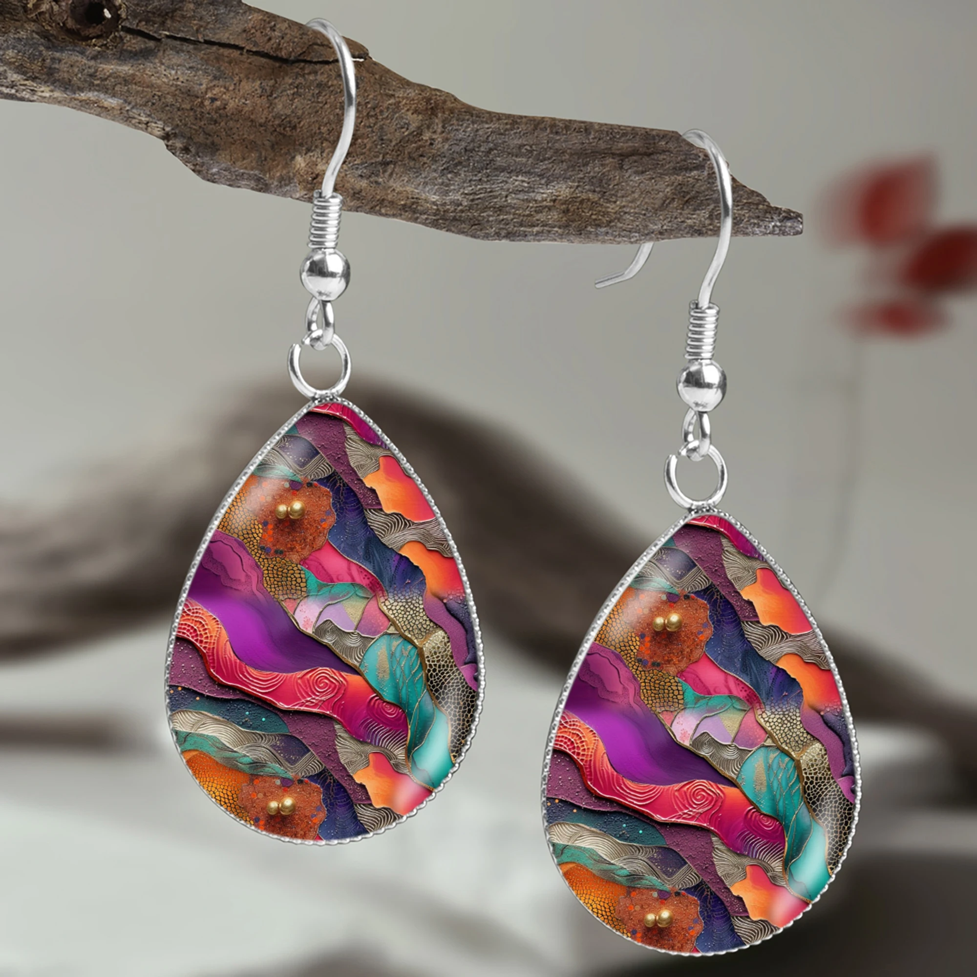 1 Pair of Colorful Abstract Texture Pattern Earrings with Convex Glass and 316 Stainless Steel Material, Drop-Shaped Earrings in a Simple and Elegant Style, Jewelry Earrings for Men and Women to Wear on Vacation Parties