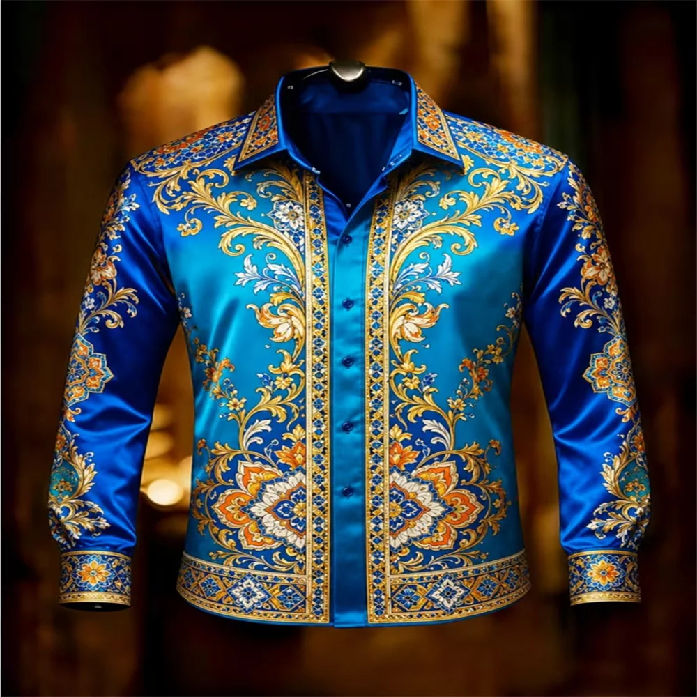 Men Western Horse Print Shirt Long Sleeve Turn‑down Collar Satin Like Golden Running Horse Pattern Casual Party Button Up Shirts