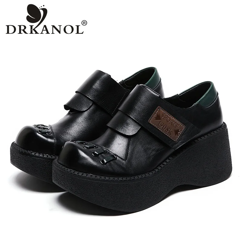 

DRKANOL 2024 New Design Women Wedges Heel Shoes Spring Round Toe Genuine Cow Leather Chunky Platform Mixed Colors Single Shoes