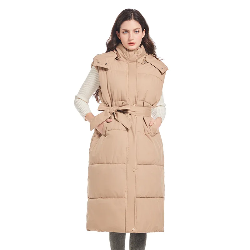 

Stand Collar Sleeveless Calf Length Down Waistcoat Outerwear Thicken Winter Women Vest Coat with Belt Padded Long Coat Vest