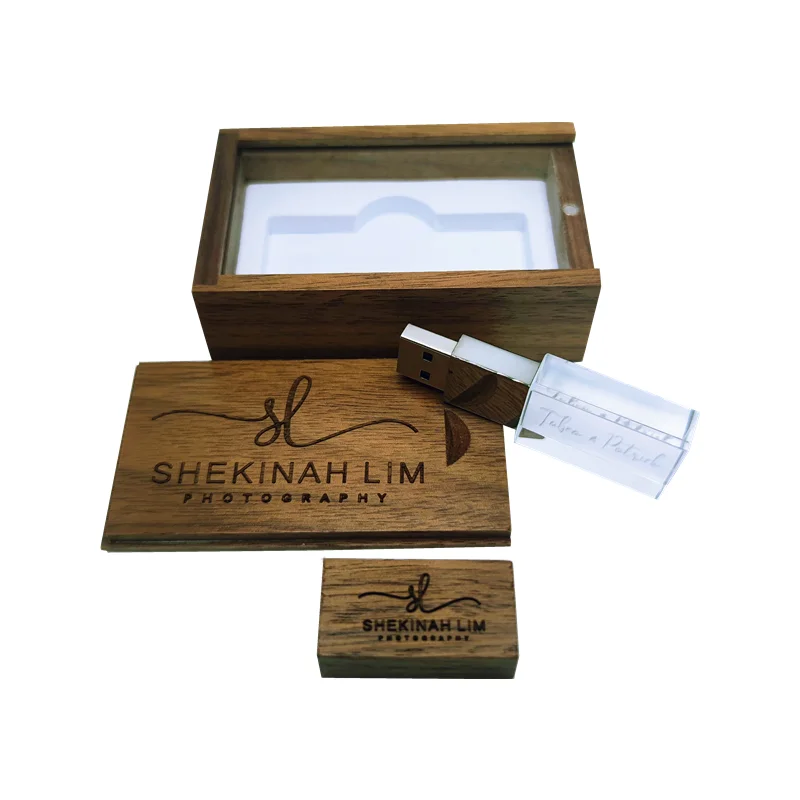 Free Custom Photography LOGO Walnut Metal Crystal USB Flash Drive 4GB 8GB 16GB 32GB 64GB Memory Stick and Walnut Gift Box