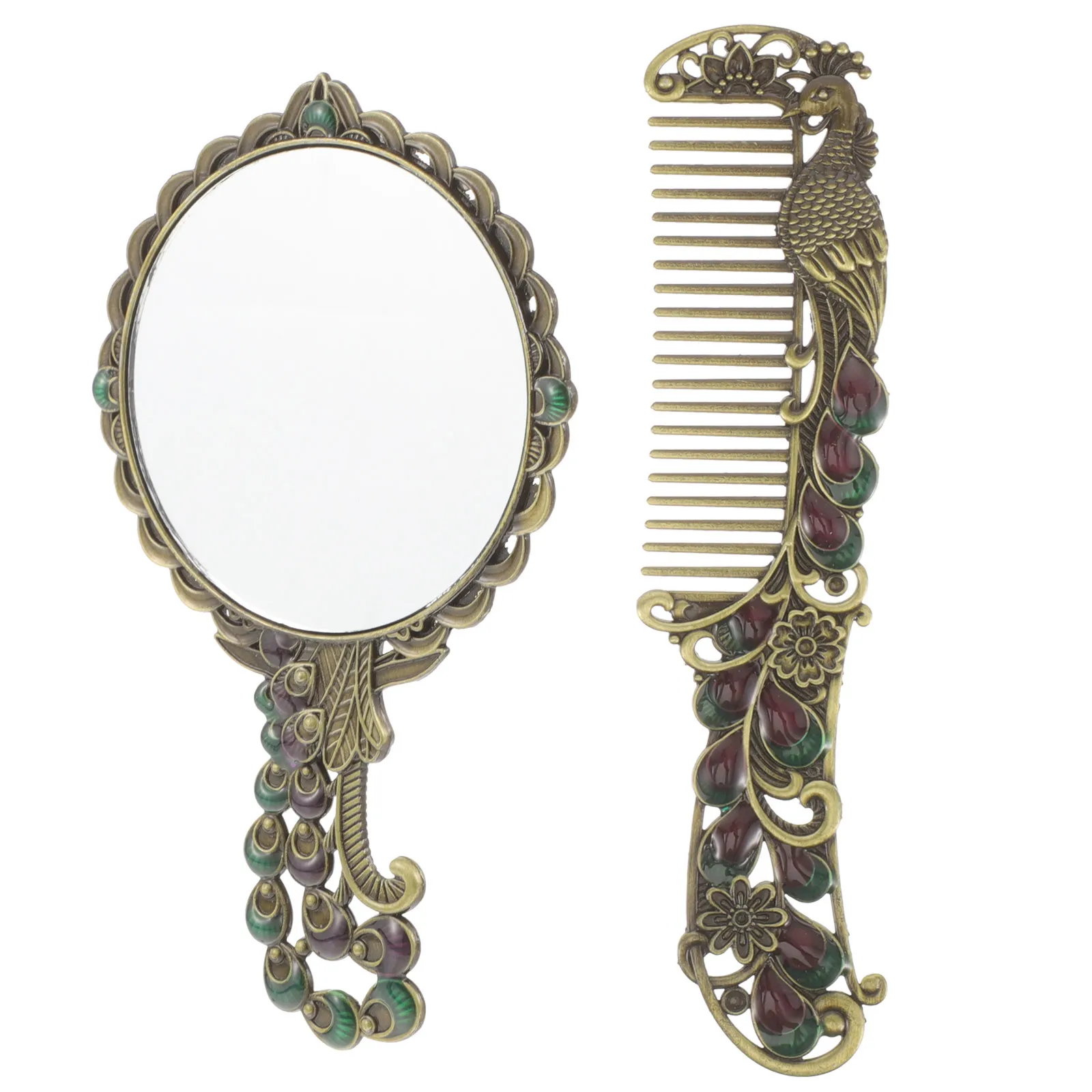 1 set 1 Set Of Vintage Metal Handheld With Comb Compact Lightweight Makeup For Travel Portable Small Mirror Sturdy Hand