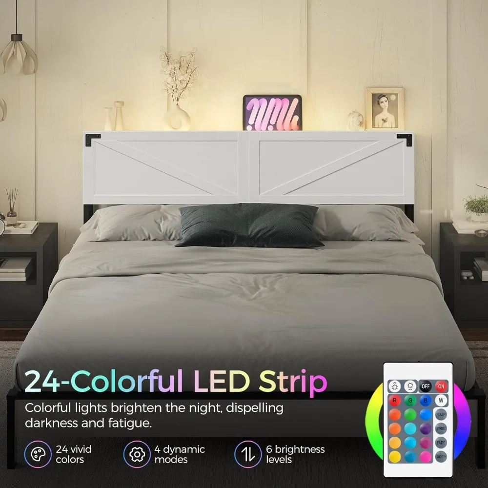 لوح رأسي بحجم كينج على طراز Farmhouse مع منافذ مدمجة ومنافذ USB وإضاءة LED وتخزين آمن