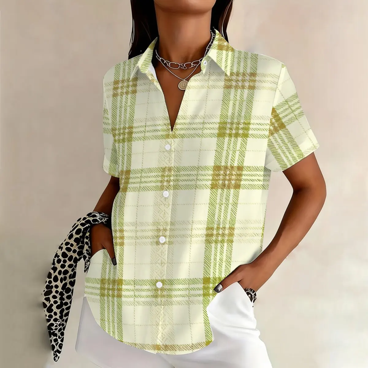 

Personalized minimalist striped printed women's summer collar short sleeved shirt, fashionable daily casual versatile top