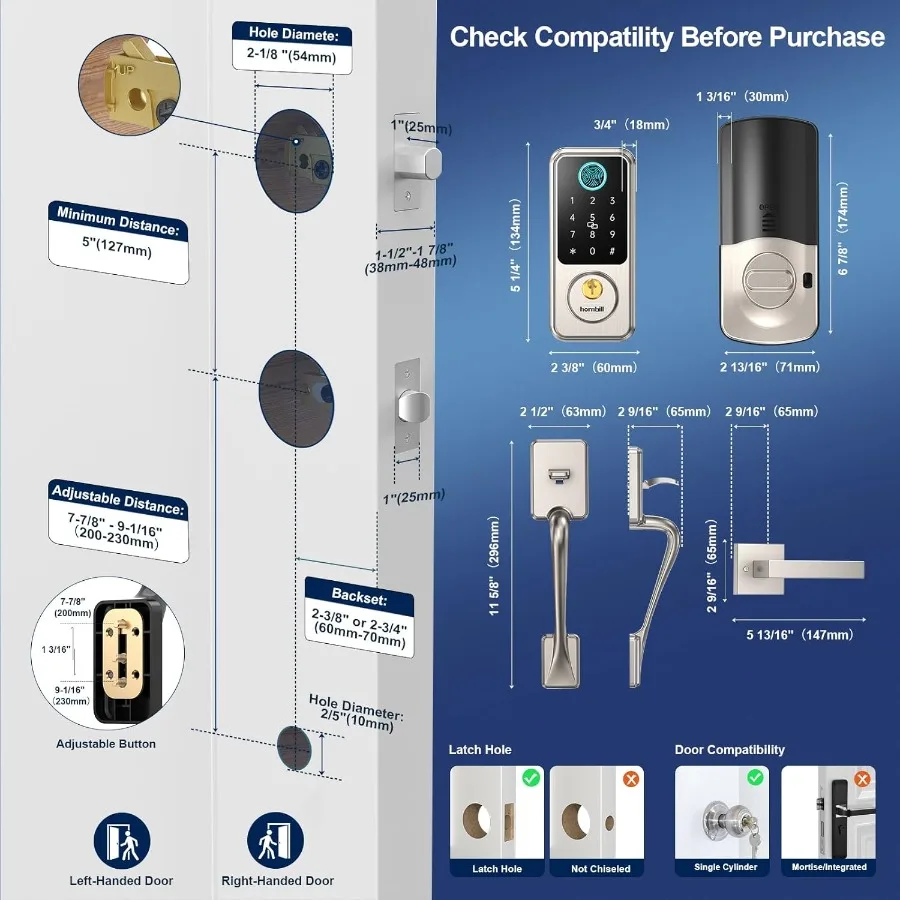 Keyless Entry Smart Locks Set met toetsenbord Nachtschoot voor voordeurgreep AutoLock-functie in matzilveren afwerking Ideaal voor Airb