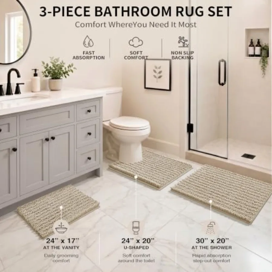 Bathroom Rug Set 3 Pcs - Super Absorbent Quick Dry Chenille Bath Mats and Toilet Rug, Non Slip Machine Washable, Extra Thick Sh
