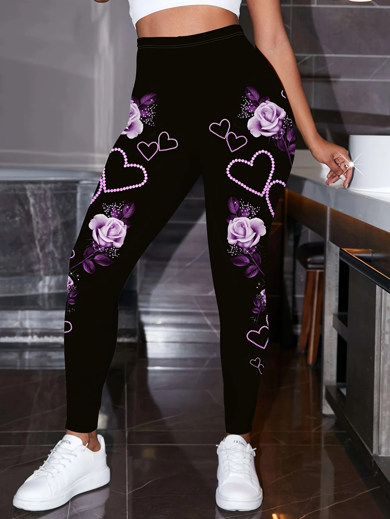 Women Mid‑Waist Fleece Lined Leggings, Purple Rose Rhinestone Heart Side Print, High Stretch Slim Warm Elastic Party Yoga Pants
