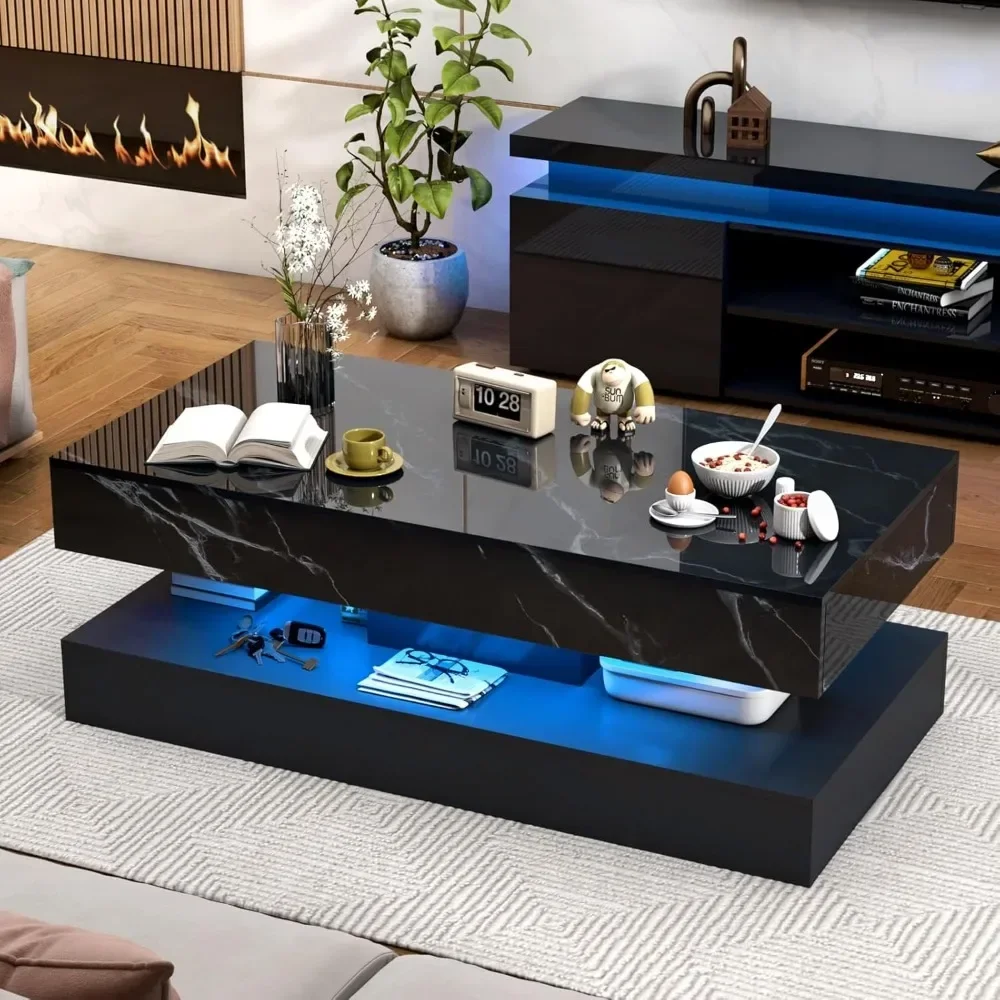 47inch Large High-Glossy LED Coffee Table with 2 Sliding Drawers, Living Room Storage Tables with Marbling Print