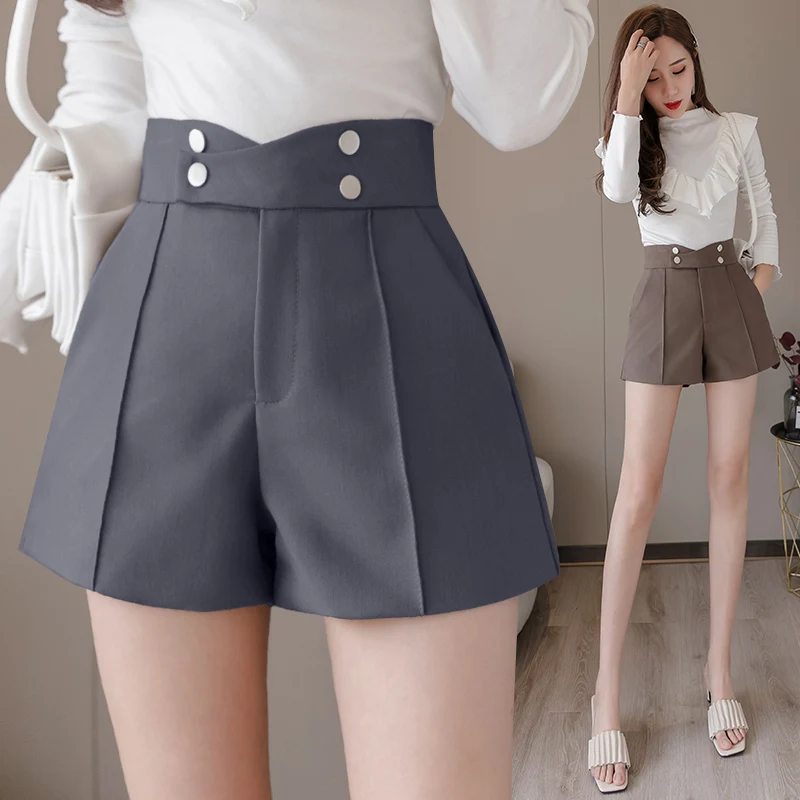 

Plus Size Suits Shorts Women 2020 Summer New High Waist Solid Black Office Work Shorts Ladies Pocket Gray Wide Leg Trouser S-XL