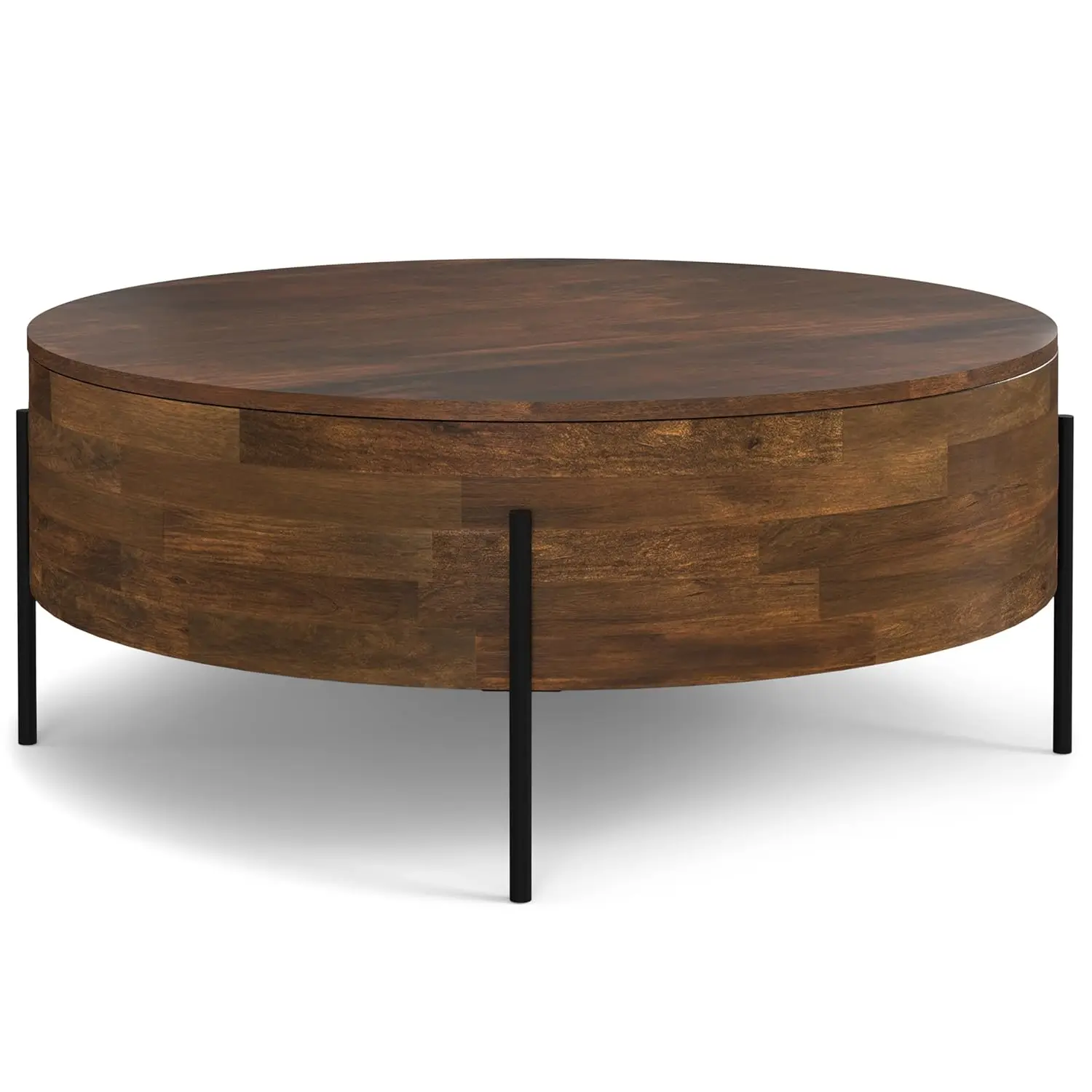 

Drum Coffee Table - 38 Inch Wide Solid Mango Wood Round Living Room Table In Walnut Brown, Modern Urban Center Table For