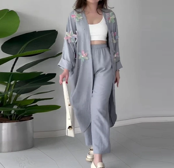 New Fashion for Women Spring Pant Set Solid Color Casual Simple Three-Dimensional Flower Long Coat Casual 3D Patterns Pants Suit