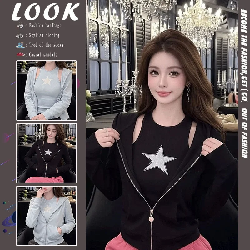 Sweet And Spicy Style Hooded Long Sleeve Cardigan Women's Star Print Halter Top Two-Piece Set Comfortable Knitted Thin Model