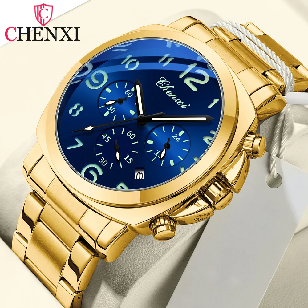 

CHENXI Роскошные деловые водонепроницаемые мужские наручные часы Светящиеся мужские часы из нержавеющей стали Дата Модные мужские кварцевые часы