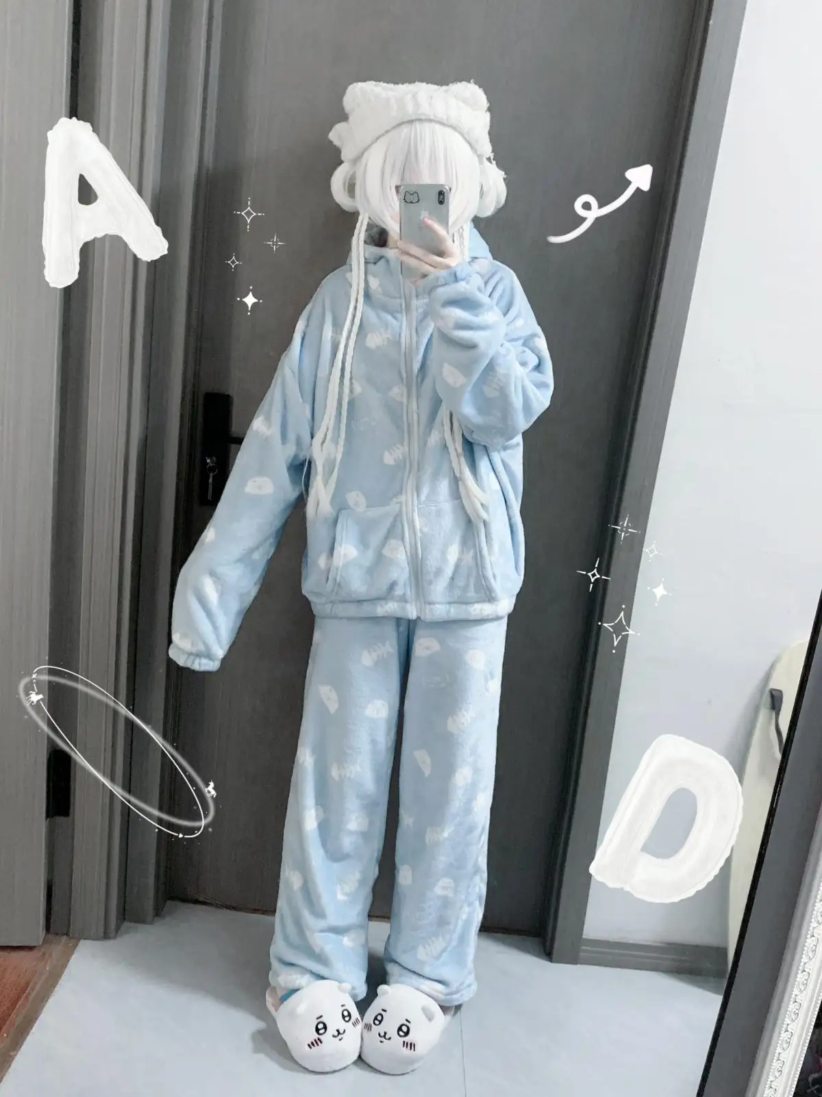Water Color Cat Print Pajamas Flannel Autumn and Winter Long-sleeved Hooded Suit Loungewear Women's Pijamas