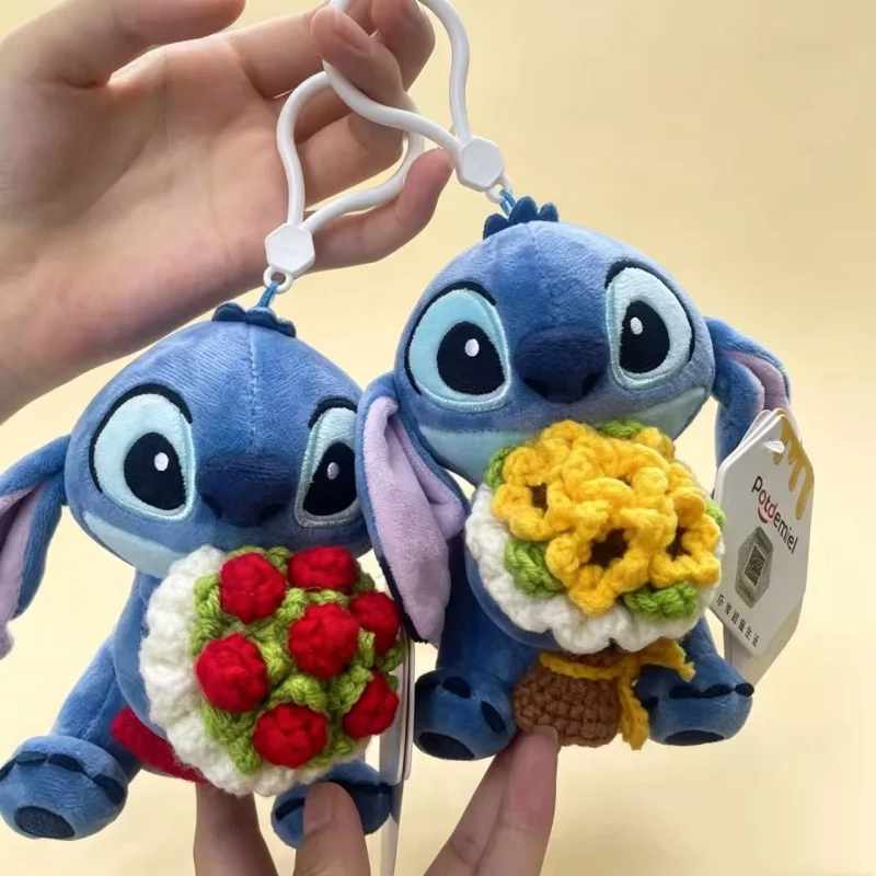 Classic Anime Genuine Stitch Micky Mouse Plush Dolls Holding Crochet Flowers Keychains Small Pendant Back Hangings Perfect Gifts