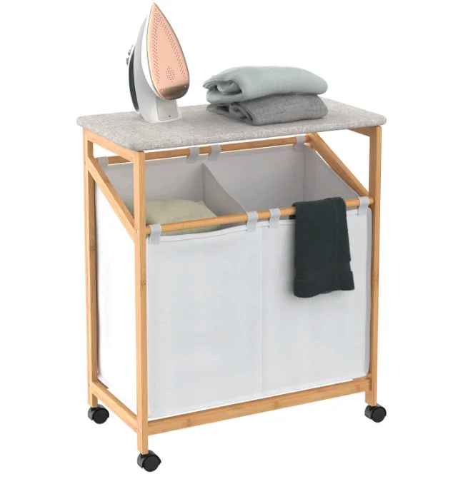 

！@Combohome Bamboo Laundry Hamper Cart with Ironing Board Folding Station, Dual Compartments with Divider, Portable Laundry Sort