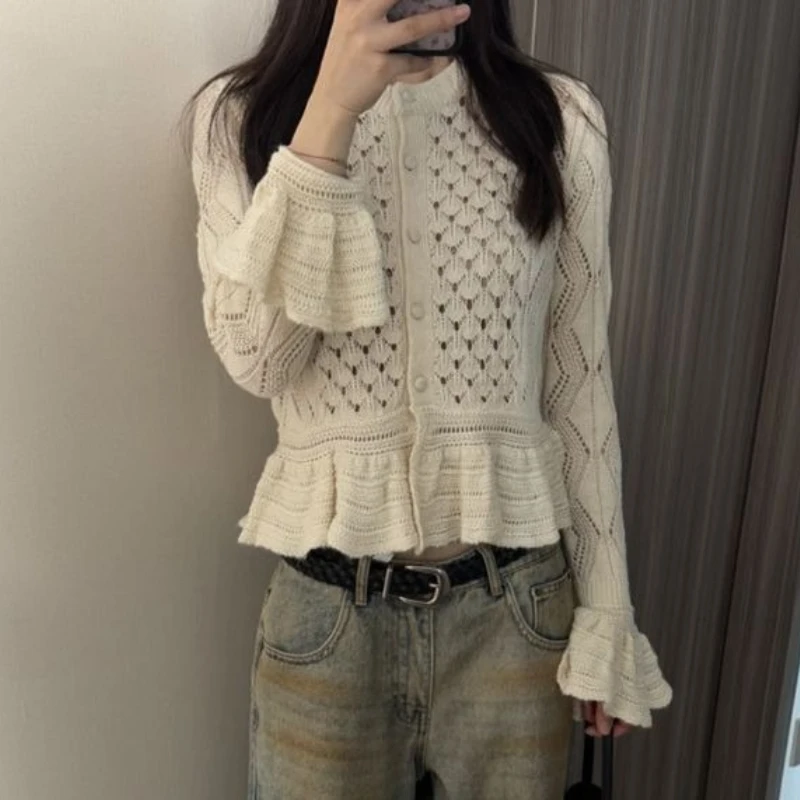 Crochet Age Reduction Hollow Out Knit Cardigan New Western Style All-match Loose Jumper Slim Fungus Exquisite Moda Mujer
