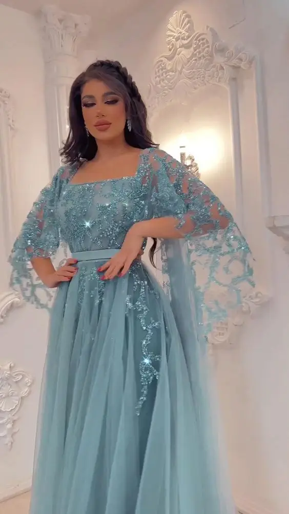 Custom Ice Blue Cap Shawl Sleeve Evening Dress A line Beaded Appliques Tulle Long vestidos de novia C2418