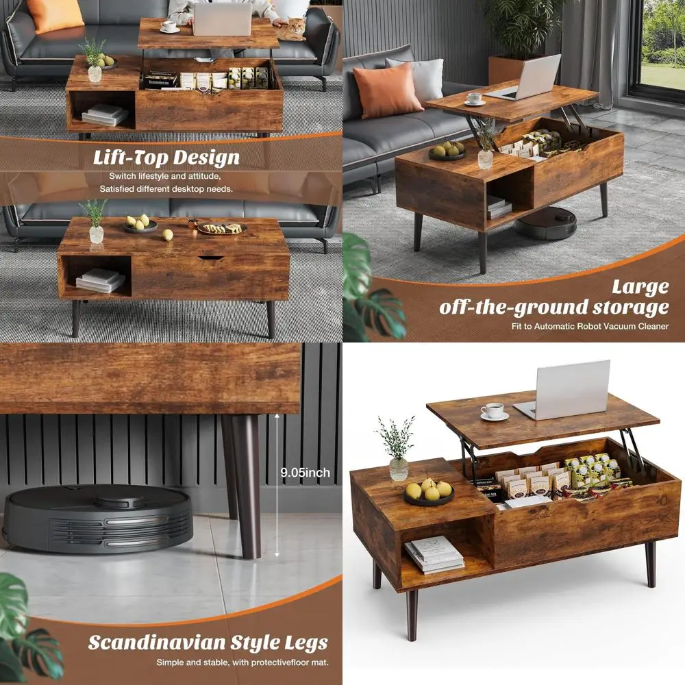 

Rising Storage Coffee Table - Wooden Small Living Room Table with Hidden Compartment, Brown