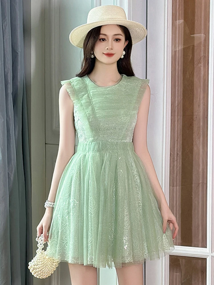 Vestido de fiesta francés elegante para mujer, vestido de baile verde transparente de encaje corto, hermoso