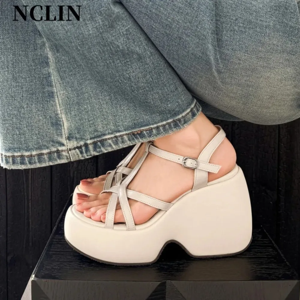 Women's Platform Wedge Sandals - Open Toe Crisscross Strap Ankle Buckle Chunky Sole Summer Casual High Heels