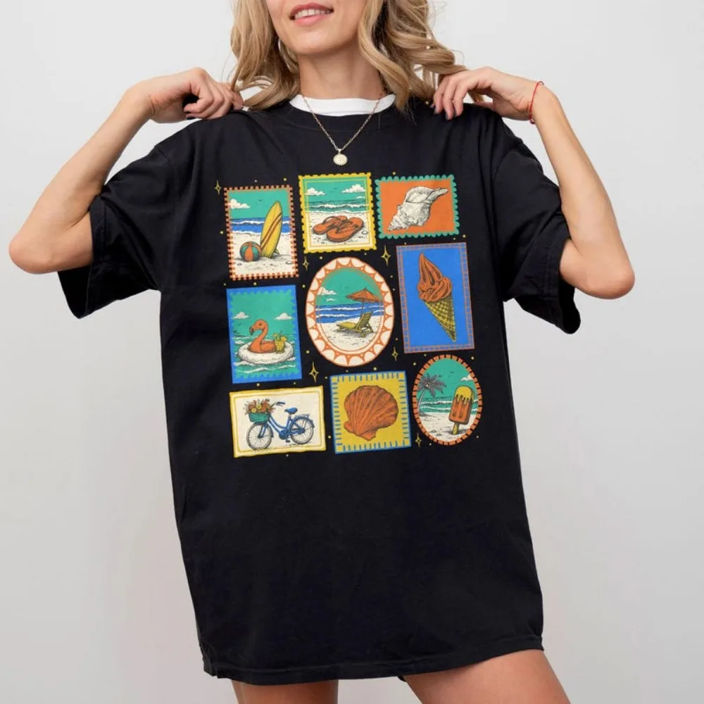Vintage Beach Summer Shirt Coastal Vacation Tee for Women Beachy Graphic Clothes Women Tees Retro Stamp Sea Lovers Tops