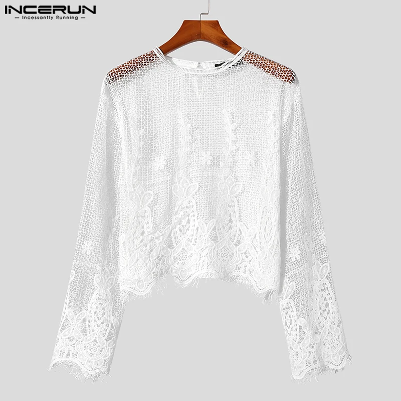 Men T Shirt Lace Patchwork O-neck Long Sleeve Tassel Sexy Fashion Camisetas Streetwear 2023 Transparent Crop Tops S-5XL INCERUN