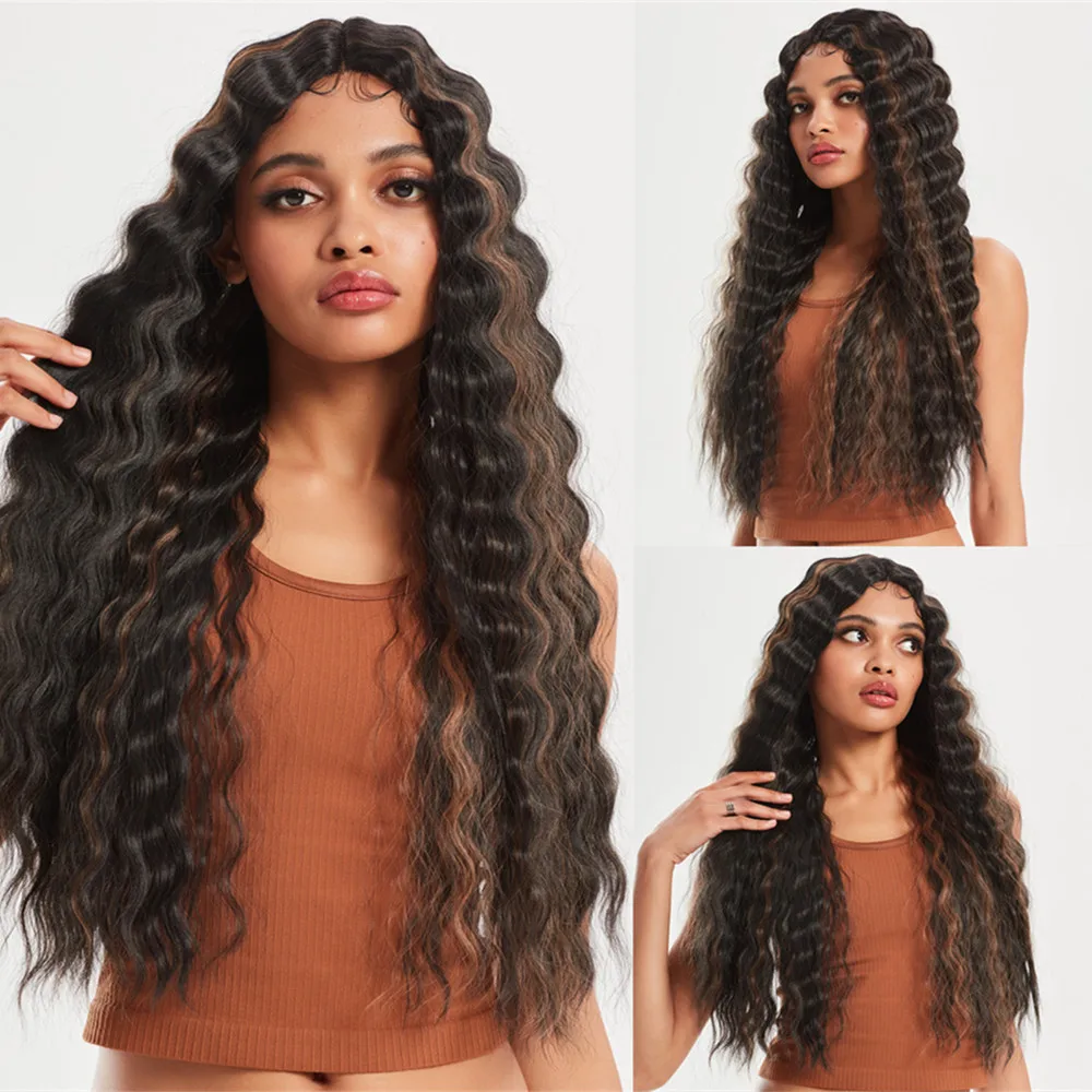 HENRY MARGU Long Curly Brown Highlight Lace Wig for Black Women Mixed Dark Brown Lace Front Wig Synthetic Hair for Any Occasion