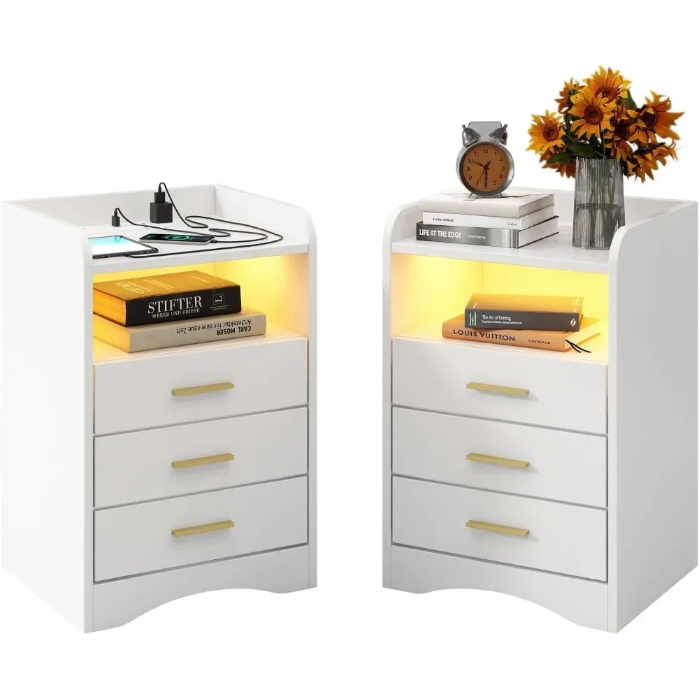 

Multi-Functional White Nightstand Set of with Charging Station and LED Lighting Drawers and Open Shelves