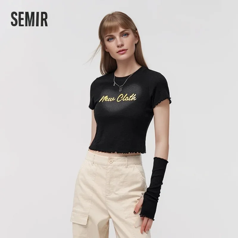 Semir T-shirt Women Short Tops Tight 2024 Summer New Short-sleeved Printed Stringy Selvedge Drawstring Sweater Tee shirts