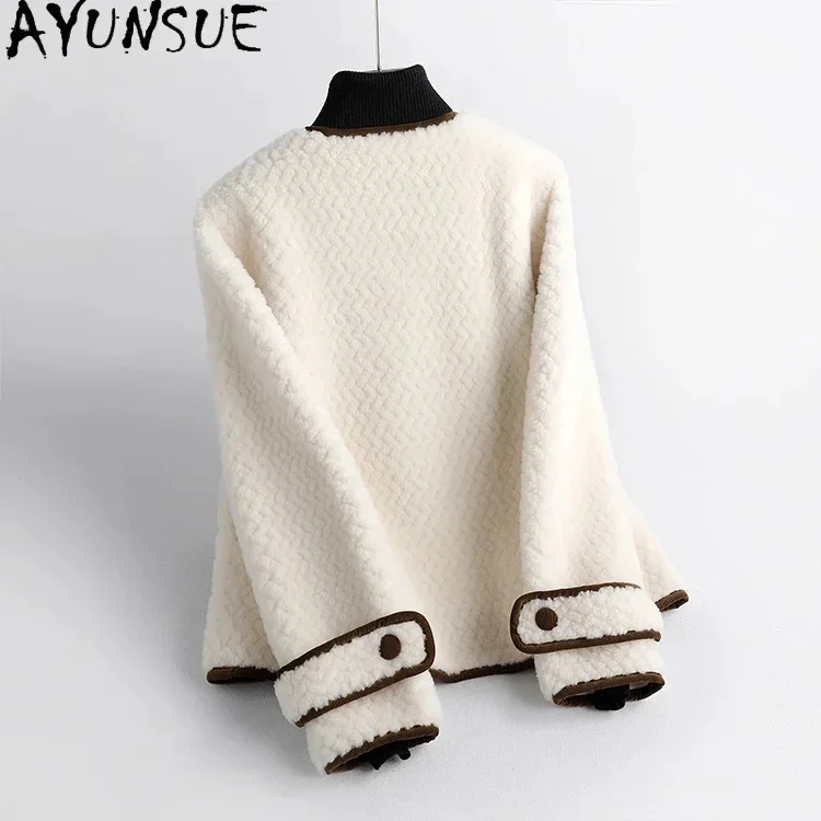 Elegant AYUNSUE Granular Wool Jacket for Women New Autumn Winter Short Sheep Shearing Coat Round-neck Ladies Coats and Jackets