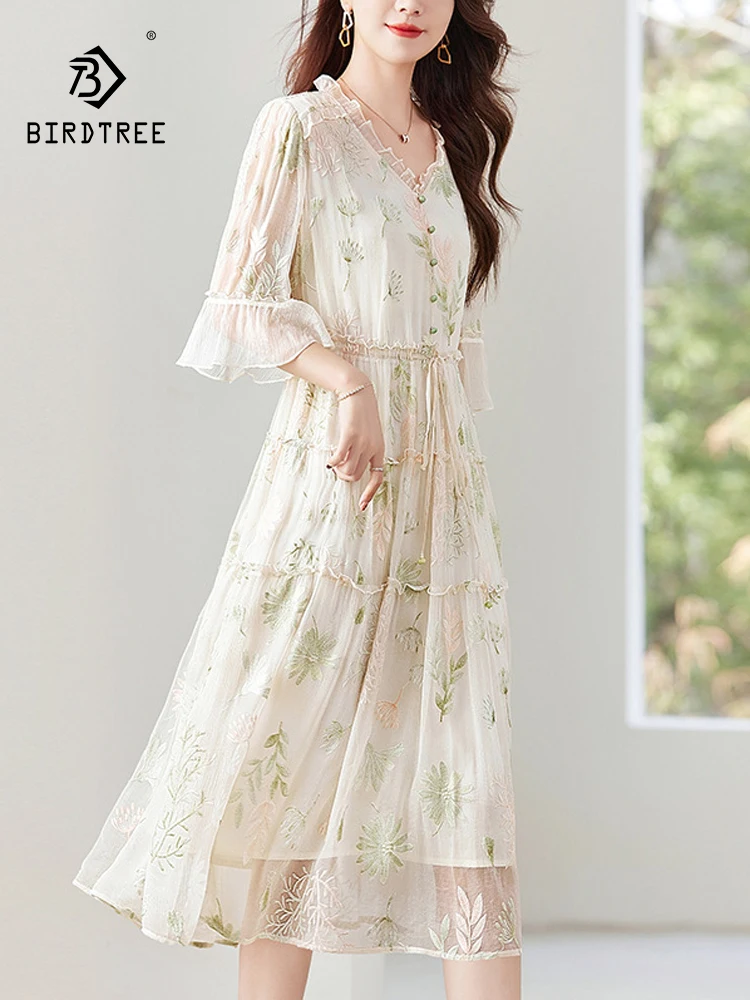 

BirdTree, 100%Real Silk Elegant Dress, Women Butterfly Sleeve V Neck Embroidery, French Fairy Dresses, 2024 Summer Fall D46720QC