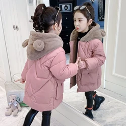 4-12 Year Girls Coat Plus Velvet Warm Winter Jacket For Girls Fashion Long Parkas Snowsuit Cute Bear Hooded Children's Outerwear