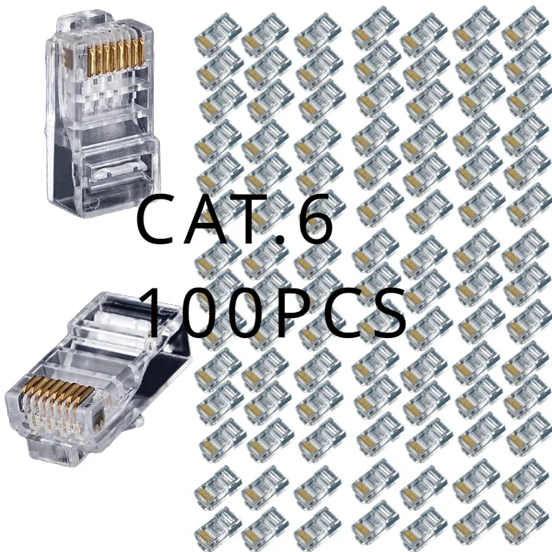 Plug de cabeça de cabo Ethernet modular, rede de crimpagem banhada a ouro, conector RJ45 Cat6, Cat.6-8P8C, 100 pcs