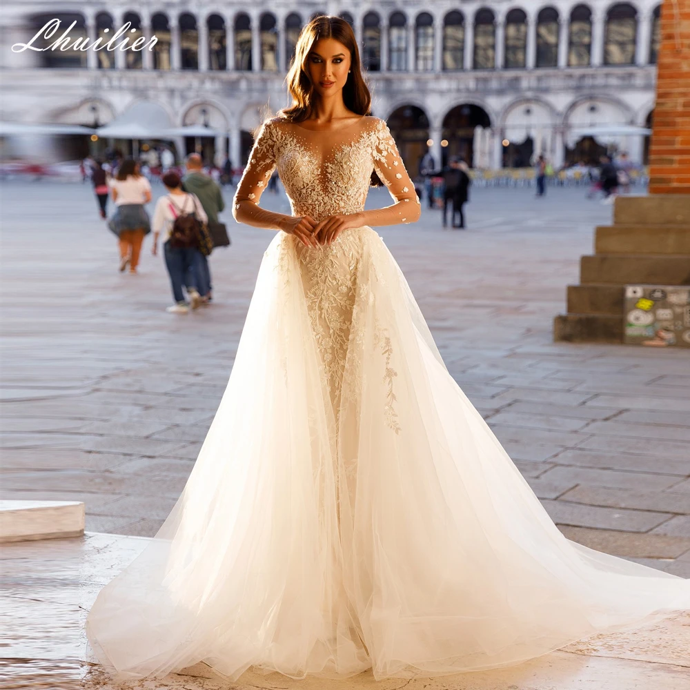 

Lhuillier Customized 2 Pieces Lace Mermaid Wedding Dresses Scoop Neck Beaded Bridal Dress with Detachable Train