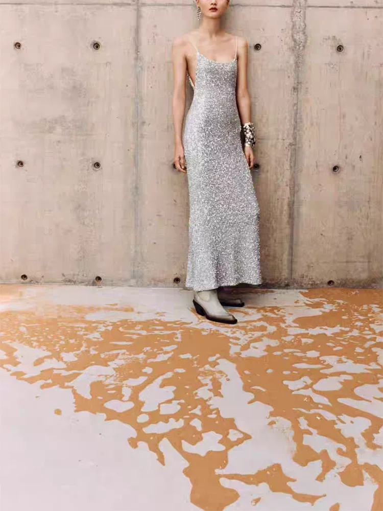 Luksusowa zimowa nowa codzienna sukienka z koralikami, długa, damska, elegancka, bez rękawów, regularna, długa spódnica, modna.