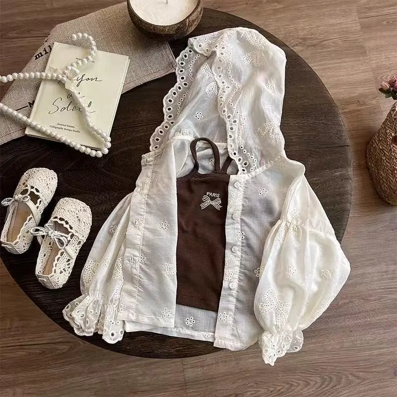 

Summer Fashion Lightweight Kids Sun Suit Tops Bow Embroidery Lovely Girls Coats Drawstring Hooded Zip Baby Jackets 2-7 Years
