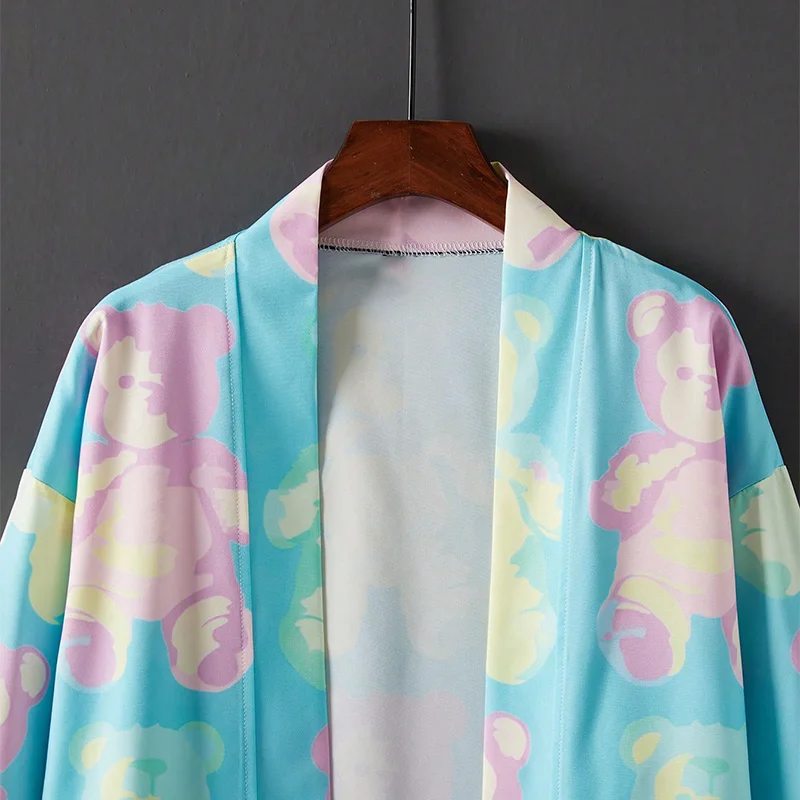النمط الياباني موضة فضفاضة الرجعية Ins شعبية الفتاة لطيف الدب ثلاثية الأبعاد طباعة كيمونو سترة الصيف هاواي شاطئ زوجين عطلة قميص قطعة واحدة ملابس السباحة التستر