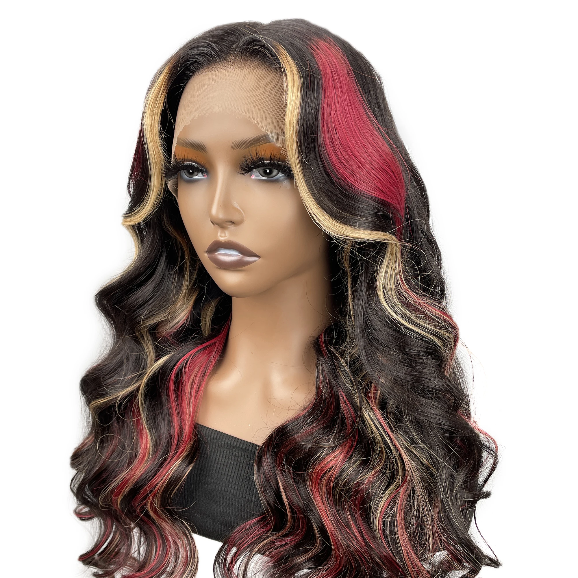 UNice Hair 13x4 Lace Front Wig Loose Wave Black With Red & Blonde Highlights Glueless Human Hair Lace Frontal Wigs for Women