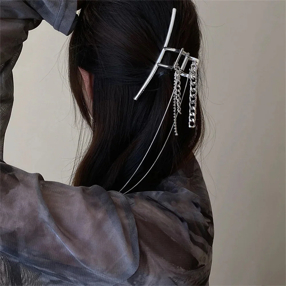 Large Hair Claw Clip Women Geometric Frame Design Multi Layered Chain Accents Silver Plated Metal Alloy